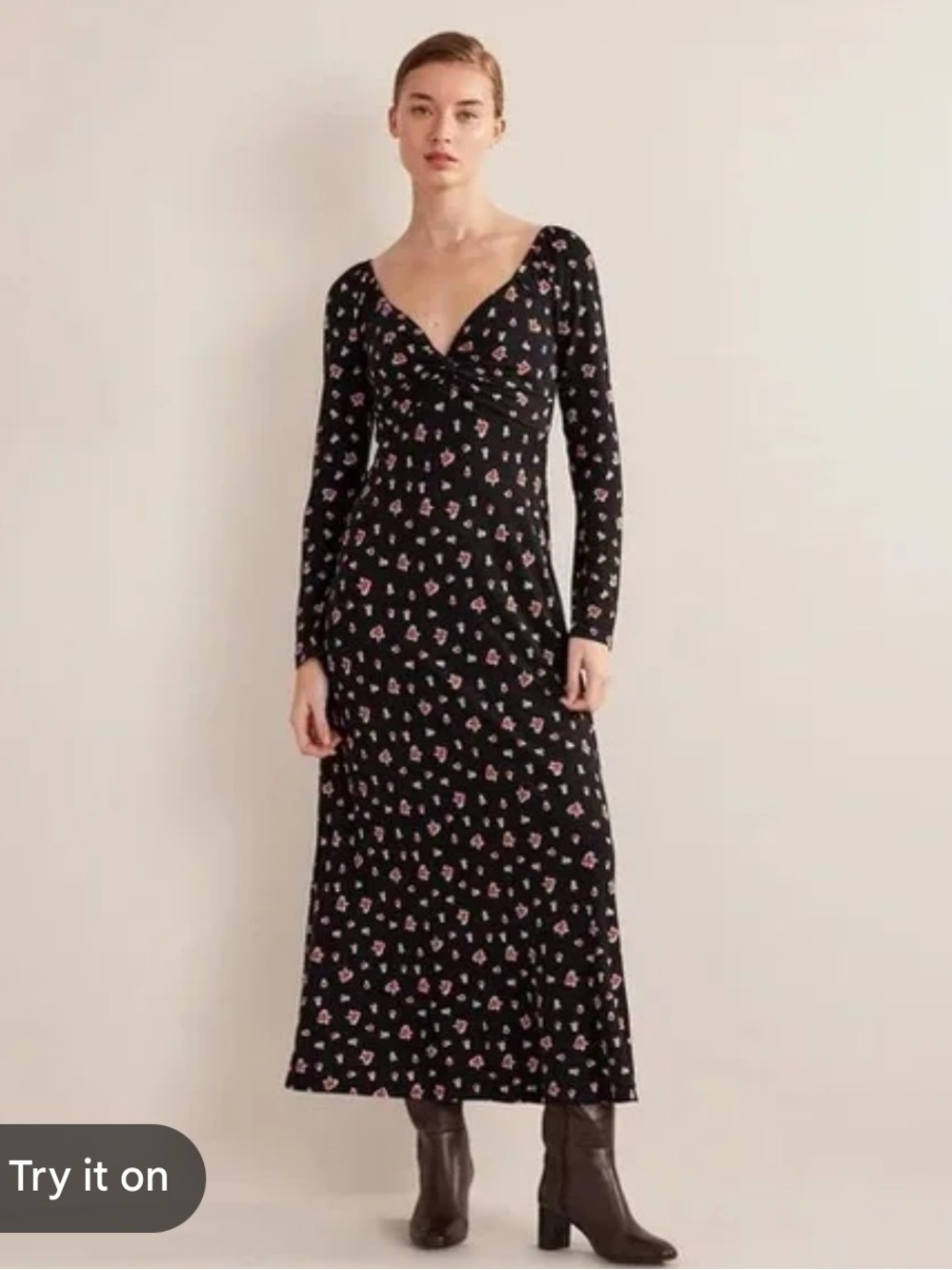 Boden Sweetheart Jersey Midi Dress Black Rose Pop Floral Size 12